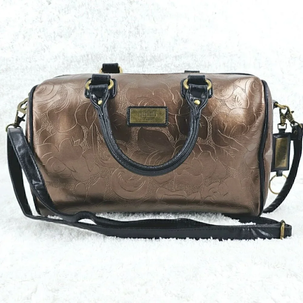Gigi Hill Metallic Copper Floral Embossed Faux Leather Satchel Crossbody